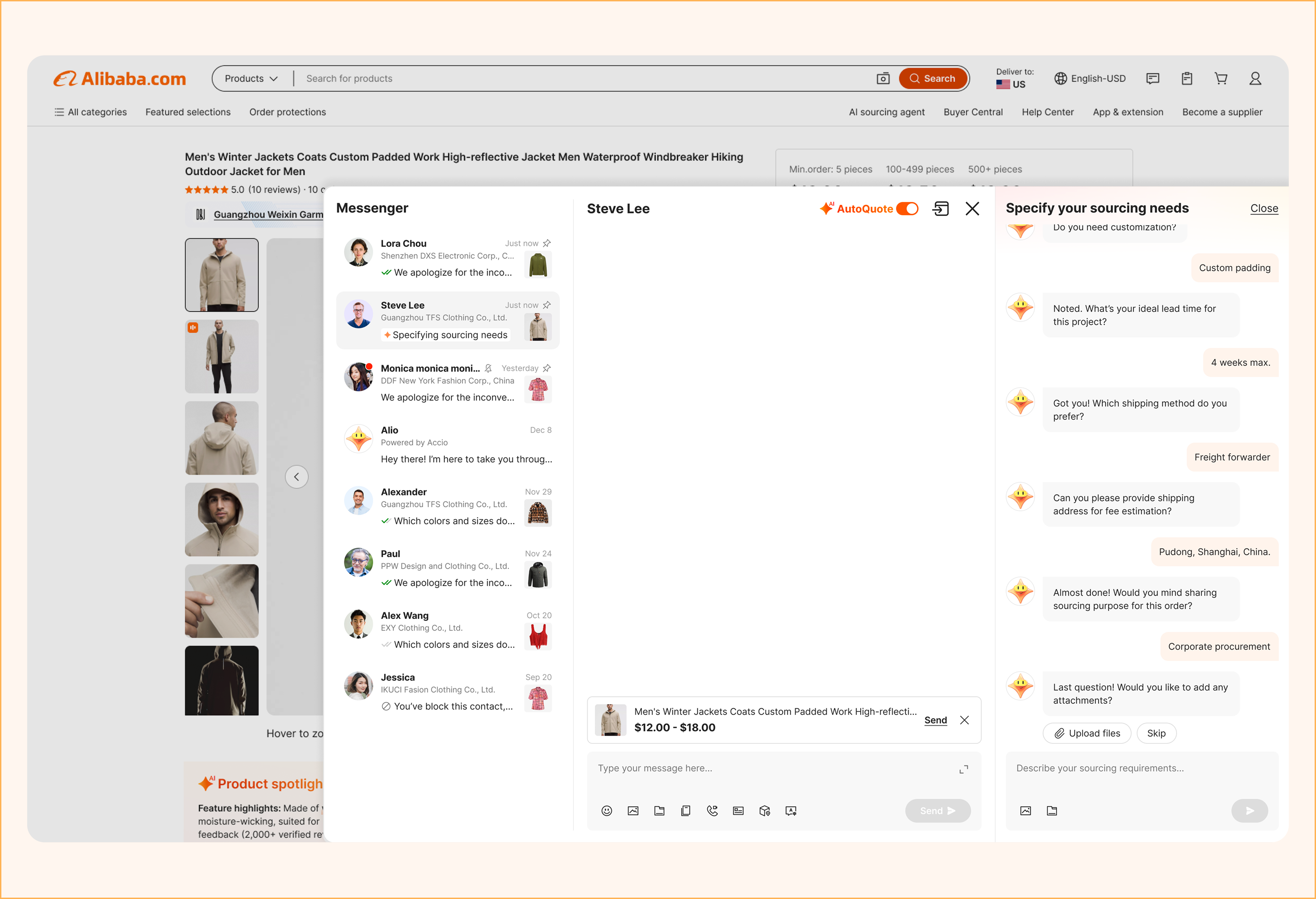 AutoQuote copilot collecting buyer sourcing requirements