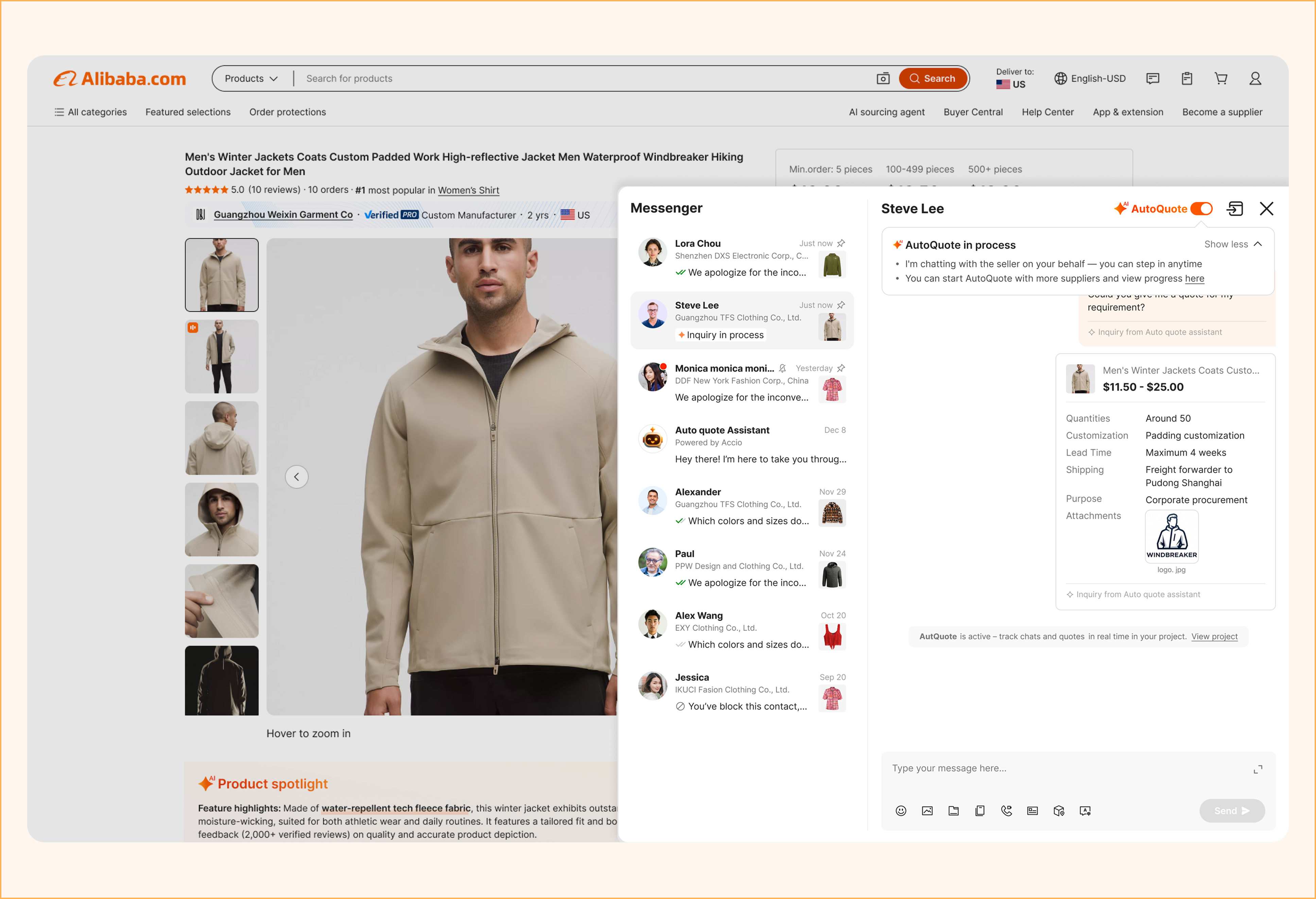 AutoQuote sharing requirements with suppliers and starting conversations