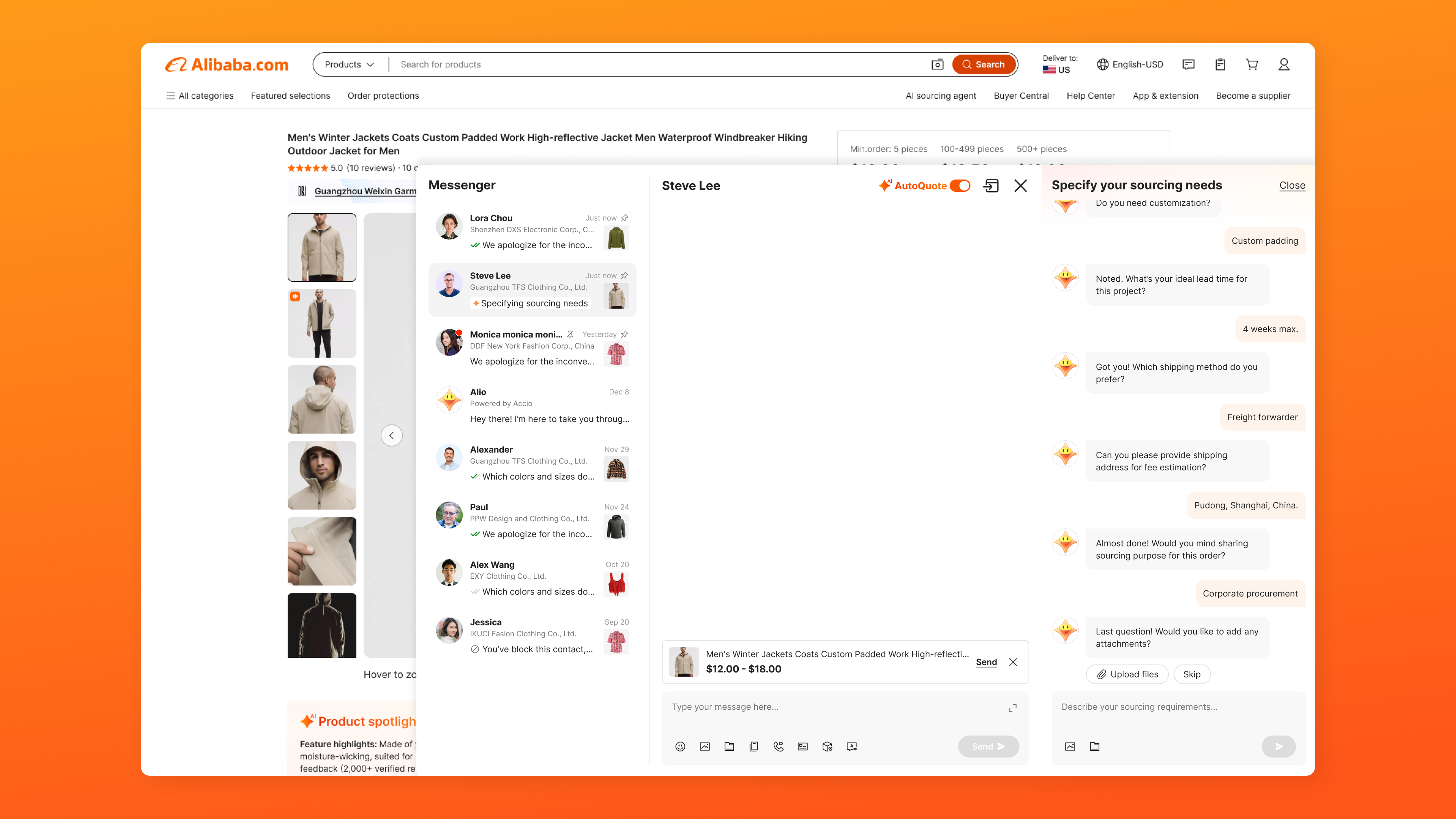 Alibaba AutoQuote AI sourcing assistant shown inside the Alibaba.com product and messaging experience
