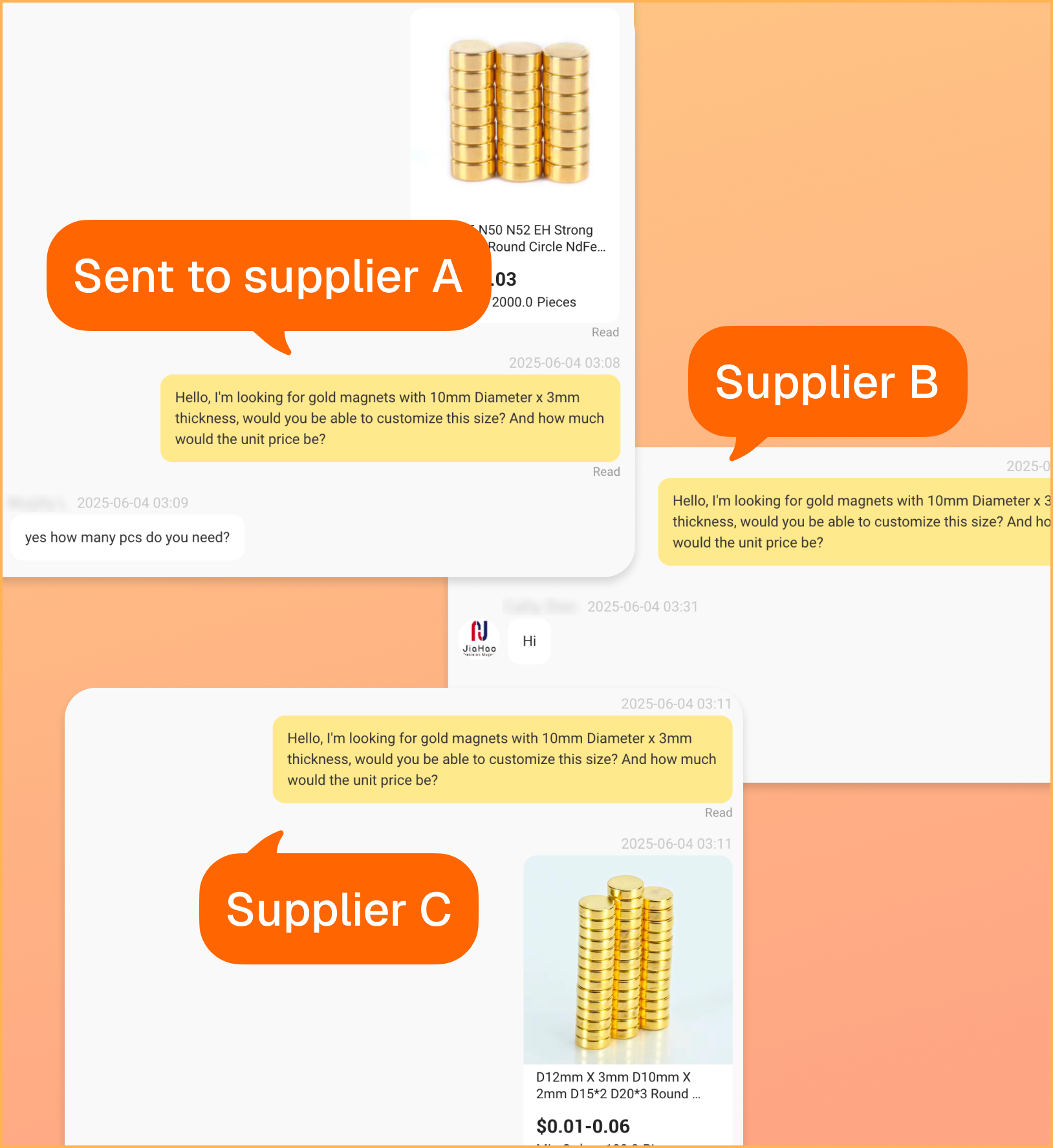 The same inquiry copied into conversations with multiple suppliers