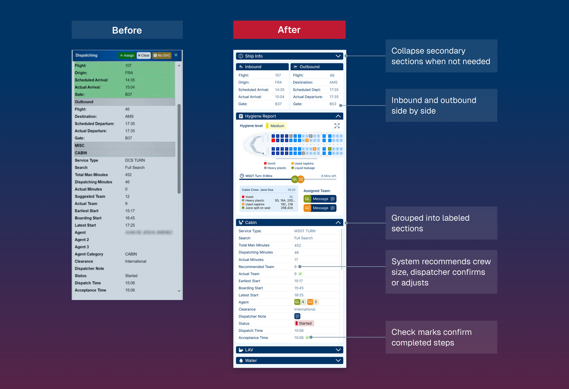 Before and after redesign of the flight details panel