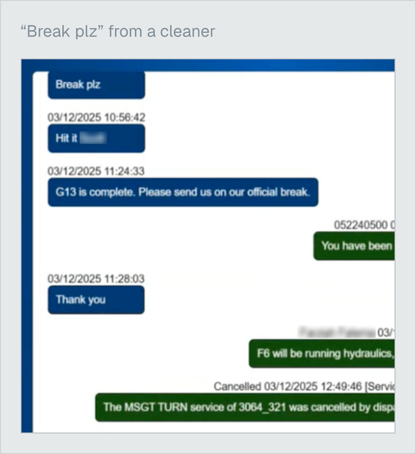Dispatcher chat arranging cleaner breaks